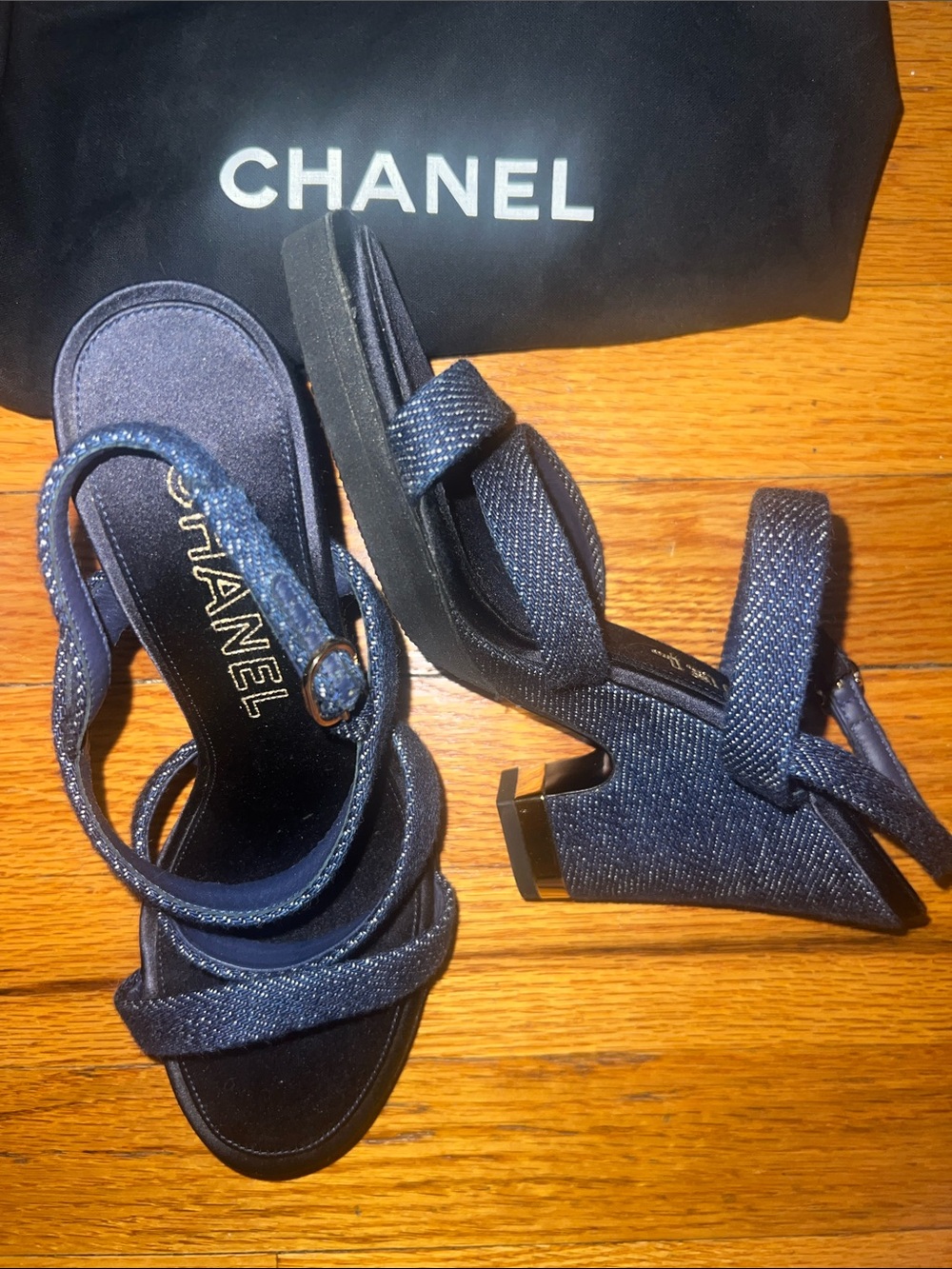CHANEL Navy Strappy Heel Sandals with Gold Accent